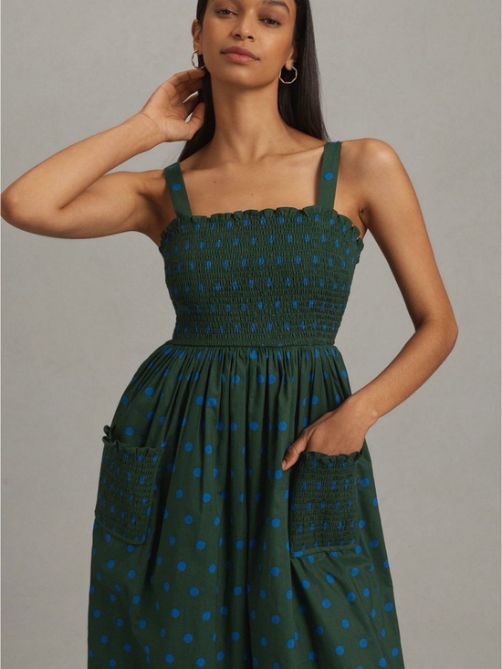 Anthropologie Dresses & Skirts - Anthropologie Green Midi Dress with Blue Polka Dots